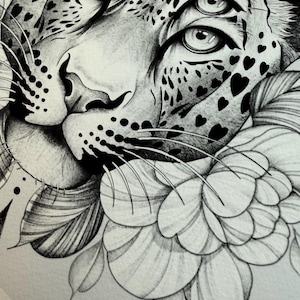 May include: Detailed black and white illustration of a leopard's face, featuring heart-shaped spots and a floral element. The leopard's eyes are prominent, and the artwork has a realistic style. The image is a close-up, focusing on the animal's features.