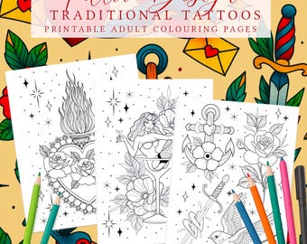 Traditional Tattoo Flash Coloring Book: 24 Old School Designs (Digital Download)