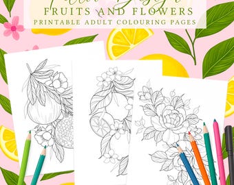Fruits & Flowers Coloring Pages: Botanical Art, Stress Relief (Digital Download)