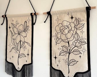 Set of 2 - Trad Dark Hand Drawn Fringed Canvas Wall Hangings