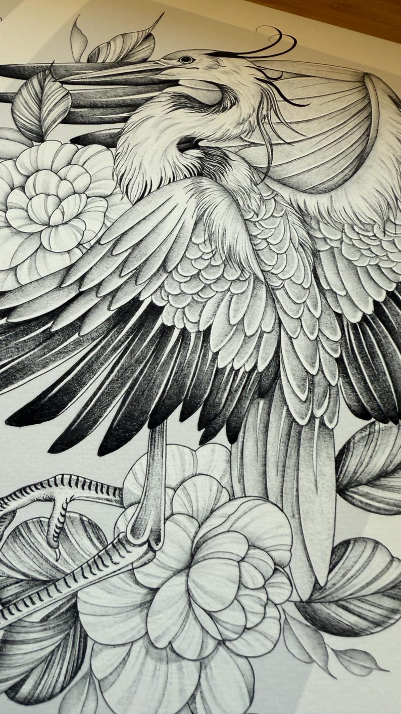May include: Detailed black and white illustration of a bird with large, textured wings and intricate feather details. The bird is surrounded by stylized flowers and leaves, creating a nature-themed artwork. The drawing style is highly detailed.