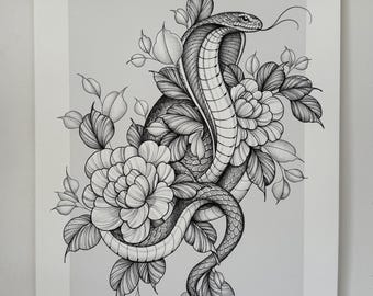 Snake Fineline Tattoo Prints on Textured 280gsm Paper, A3