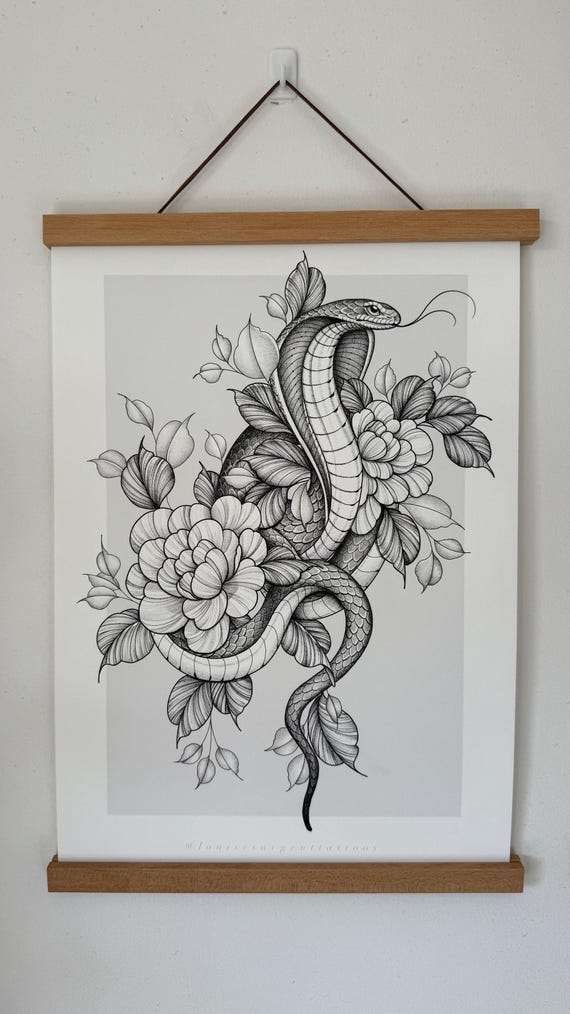 Snake Fineline Tattoo Prints on Textured 280gsm Paper, A3