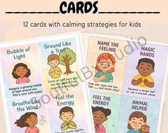 May include: Twelve illustrated cards with calming strategies for kids. Each card features a different coping mechanism, such as "Bubble of Light", "Ground Like a Tree", "Breathe Like the Wind", "Feel the Energy", "Name the Feeling", "Magic Hands", "Feel the Energy", and "Animal Helper".
