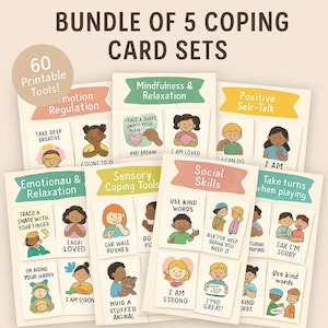 May include: A set of 60 printable coping cards for children. The cards are divided into five categories: Mindfulness & Relaxation, Emotional & Relaxation, Sensory Coping Tools, Social Skills, and Positive Self-Talk. Each card features a colorful illustration and positive affirmation.