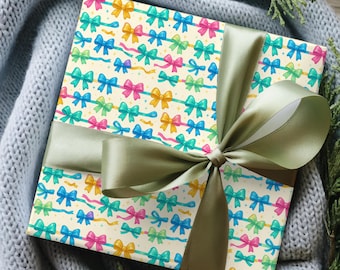 Colorful Bow Wrapping Paper, Christmas Gift Wrap, Holiday Gift Wrap, Cute Bow Pattern Paper, Secret Santa Gift Wrap, Coquette Style