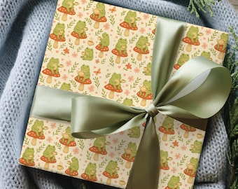 Frog and Mushroom Wrapping Paper | Cute Cottagecore Gift Wrap | Whimsical Toadstool Gift Wrapping | Funny Secret Santa Paper