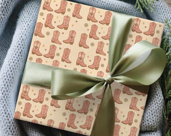 Cowgirl Boots Wrapping Paper-Western Gift Wrap for Cowgirl Gifts, Coastal Cowgirl Birthday, Pink Wrapping Paper Roll, Christmas Gift Wrap