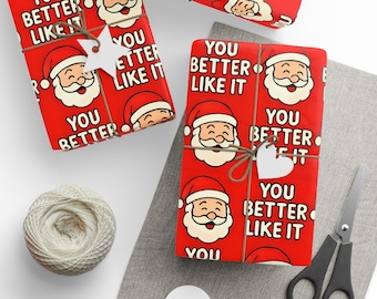 おもしろいクリスマスラッピングペーパー - サンタギフトラップ「きっと気に入るはず」 - シークレットサンタ、ホリデーパーティー、ジョークギフトに最適な大胆な赤のホリデーラップ
