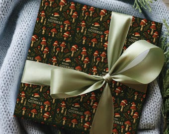 Merry Gothmas Wrapping Paper | Gothic Christmas Gift Wrap | Mushroom Holiday Gift Wrap | Nature Aesthetic Christmas Paper Roll