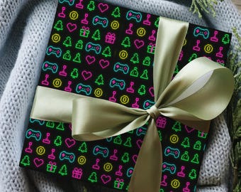 Retro Gamer Wrapping Paper | 90s Video Game Gift Wrap | Nerdy Christmas Paper | Funny Gaming Gift Wrapping for Him or Her
