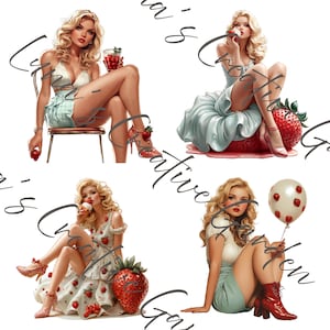 Vintage, Fille aux fraises, Ensemble d'images clipart, PNG transparent, Journal indésirable, Agenda numérique, Scrapbooking, Cartes, DIY, Fraises