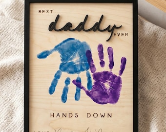 Father’s Day Gift for Dad, Best Dad Ever Handprint Sign, Personalized Wood Plaque from Kids, Black Framed Desk Decor for Grandpa