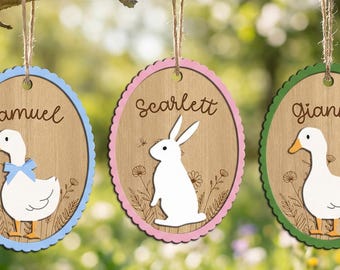 Etiqueta de canasta de Pascua personalizada, etiqueta con nombre de conejito o pato, dije de madera grabado, regalo de canasta de Pascua para niños, dije de canasta de primavera para niños pequeños