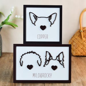 Può includere: Due ritratti di cani incorniciati con contorni neri e nasi a forma di cuore. La cornice superiore dice "COPPER" e la cornice inferiore dice "MILO&ROCKY". Le cornici sono marrone scuro e lo sfondo è bianco.