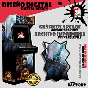 Puede incluir: Una máquina recreativa negra con el tema de Mortal Kombat, con una pantalla que muestra un corazón y las palabras "Love Arcade". El diseño incluye el texto "Arcade Graphics" y "Printable File".