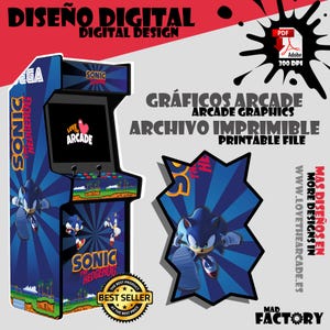 Puede incluir: Una máquina recreativa azul con gráficos de Sonic the Hedgehog. La máquina muestra el texto "Sonic the Hedgehog" y "Love Arcade". La imagen también incluye un archivo imprimible con el texto "Arcade Graphics" y "Printable File".