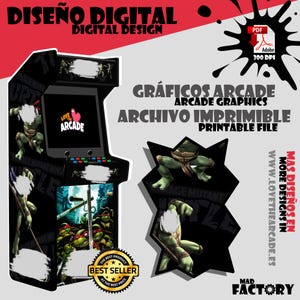 Puede incluir: Diseño digital para una máquina arcade con gráficos de las Tortugas Ninja. El diseño incluye el texto "Love Arcade" y distintivos de "Best Seller", con texto adicional en español. La imagen también incluye un icono de archivo PDF.