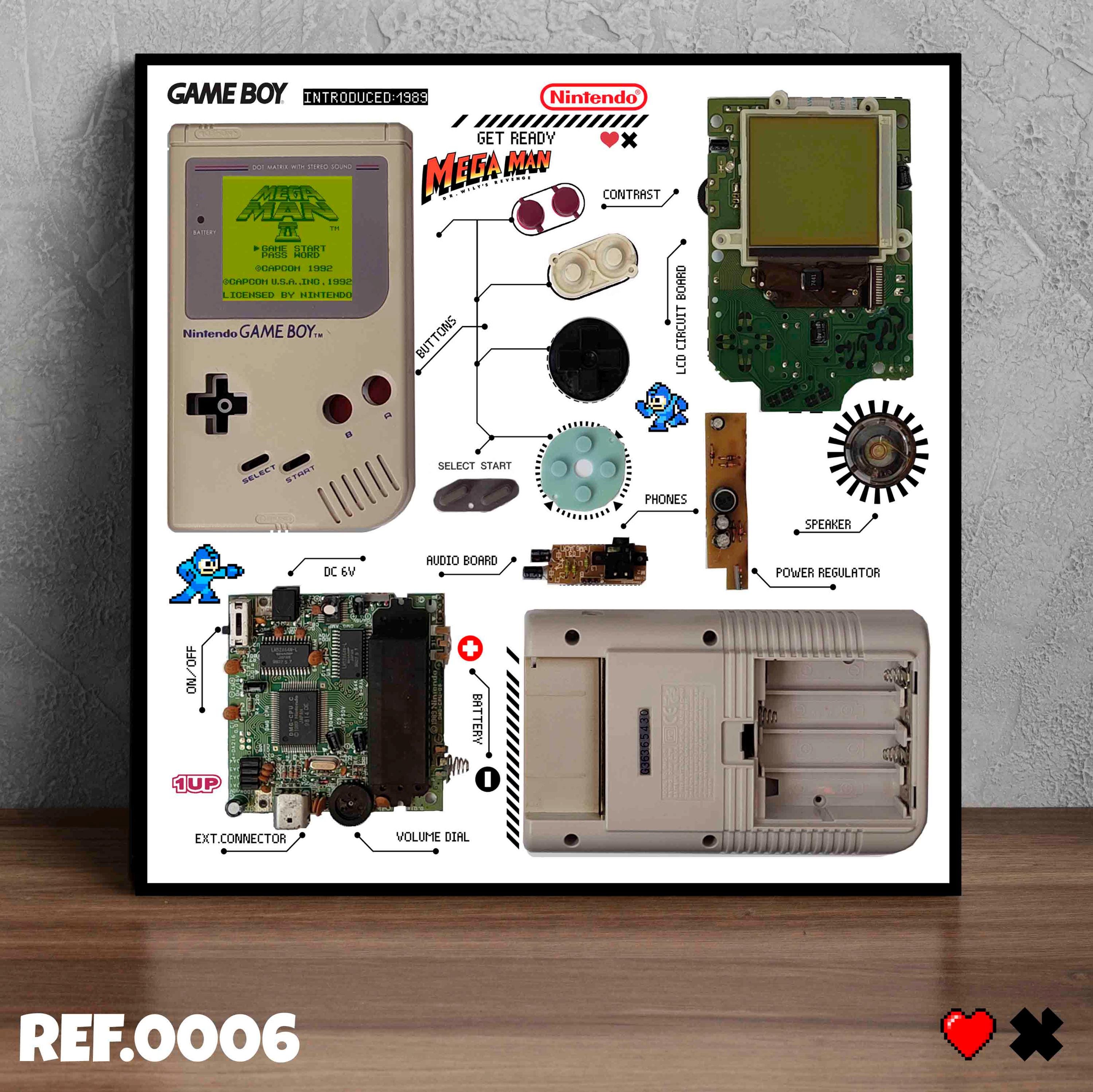 題名　MEGAMI  (handmade art) Framed Disassembled Nintendo Gameboy Game Console, Detachable Wall