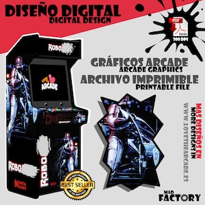 Puede incluir: Diseño digital con una máquina recreativa negra con gráficos de "RoboCop". La imagen incluye el texto "Love Arcade" y distintivos de "Best Seller", junto con las palabras "Digital Design" y "Printable File".