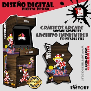 Puede incluir: Diseño digital de una máquina recreativa vintage con un gráfico de payaso. El diseño incluye el texto "Mr. Do!" y "Love Arcade". El diseño incluye el texto "Archivo imprimible de gráficos arcade".