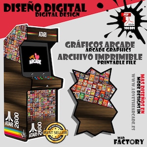 Puede incluir: Un diseño digital para un gabinete de arcade con un acabado de madera y una colección de cartuchos de juegos Atari 2600. El diseño incluye el texto "Love the Arcade" y "Best Seller".