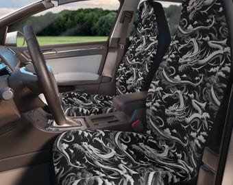 White Dragon Pattern Car Seat Covers | Black Wave Motif | Car Seats Not Included!