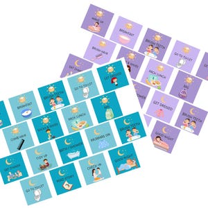 May include: Two sets of colourful illustrated cards with daily routines for children. The cards are divided into two sets: one with a blue background and a moon, and the other with a purple background and a sun. The cards feature activities like "Wake Up", "Brush Teeth", "Go to Toilet", "Get Dressed", "Eat Dinner", "Read Story", "Check In", "Good Night", "Comb Hair", "Socks & Shoes", "Pack Lunch", "Bath/Shower", "Pajamas On", "Tidy Up", and more.