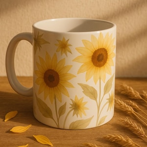Sunflower Watercolor Mug – Bold Yellow Floral Ceramic Cup, Cheerful Botanical Art Gift, Cottagecore Coffee Mug