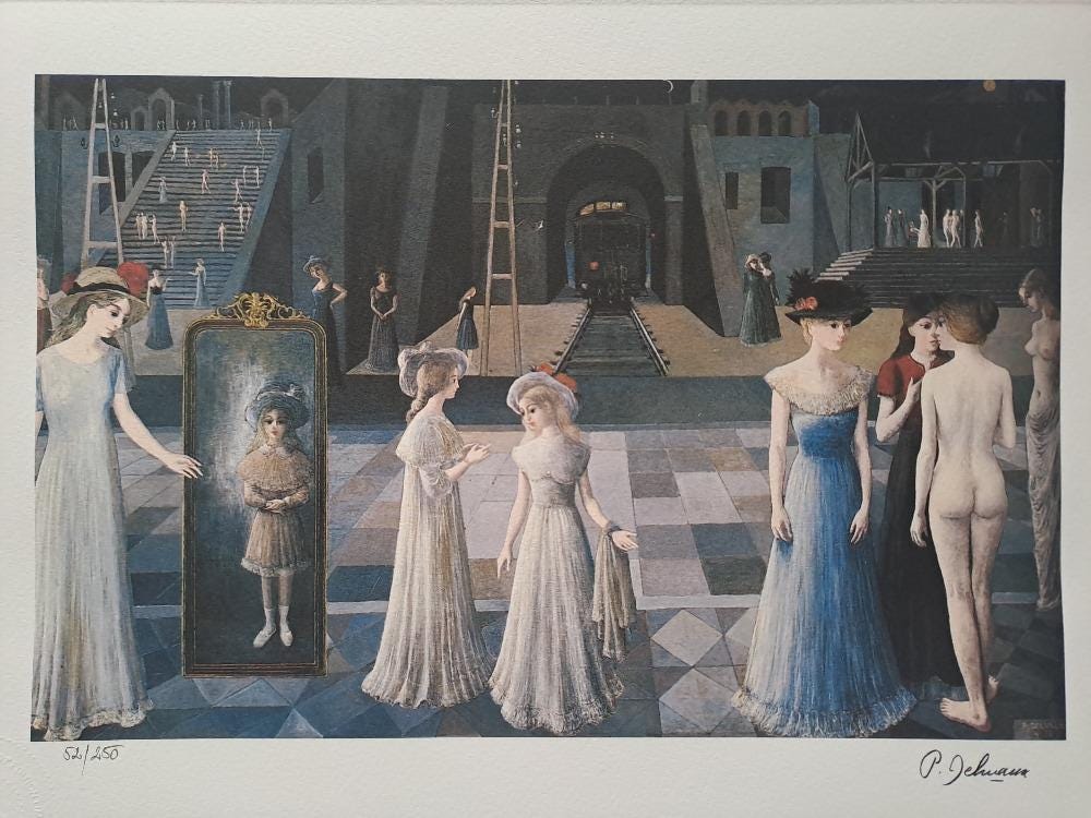 複製画　[トンネル]　ポール・デルヴォー画　ガラス加工　画面525×325mm 複製画 [トンネル] ポール・デルヴォー画 ガラス加工 画面525