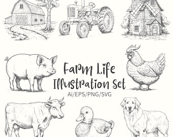 Farm Illustration Set-Rustic Farmhouse Clipart PNG-Farming Gardening clip art-Hand Drawn Style-Farmyard SVG-Vector files-Animals-Vegetables