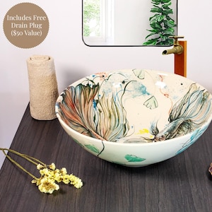 Ocean Fan – Handcrafted Ceramic Sink / Artistic Bathroom Sink / Countertop Washbowl (Free Drain Plug Included) / Father&#39;s day gift