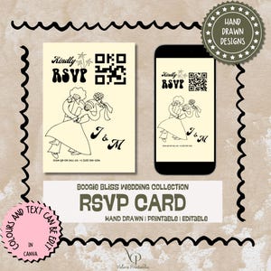 Carte RSVP rétro, carte RSVP de mariage dessinée à la main, modèle vintage modifiable de toile dessinée à la main, carte imprimable Groovy des années 70, carte RSVP dessinée à la main