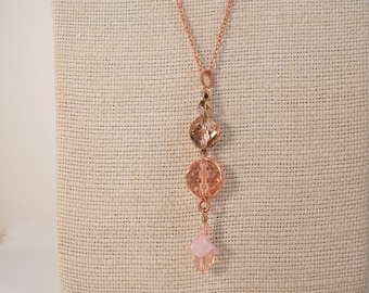 Rosaline pink glass bead pendant necklace with copper chain. Vintage Czech glass beads.