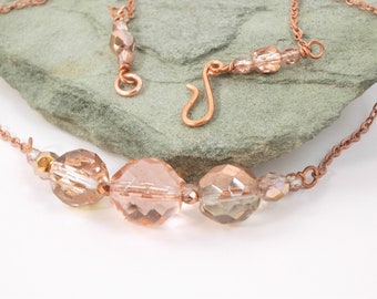 Rosaline Pink Czech Glass Bead Necklace, Copper Chain Bar Necklace