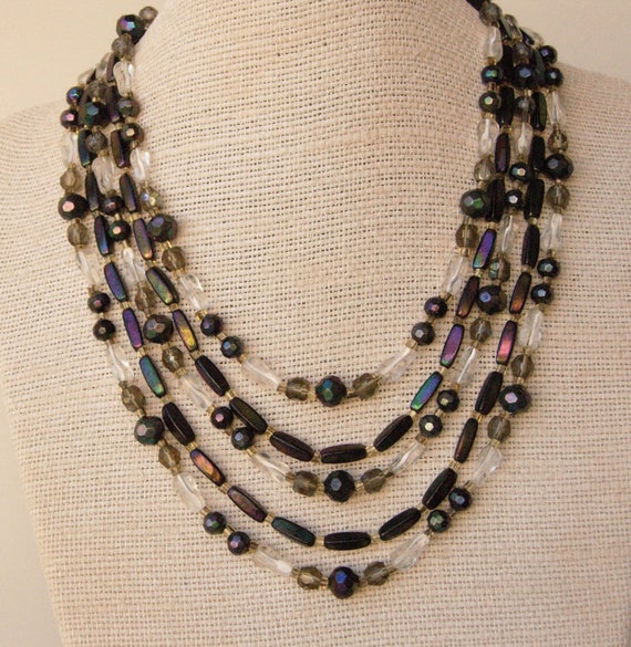 Vintage black 5 strand statement necklace. Pretty 