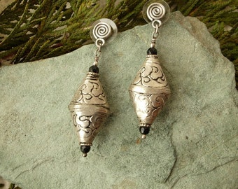 Sterling Silver Spiral Drop Earrings, Tibetan Boho Dangle