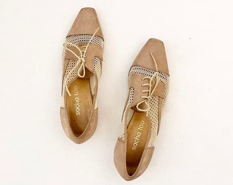 Größe 8 Vintage TAN Beige Spitze Mesh Low Heel Oxfords - Zuschauer - Sattelschuhe