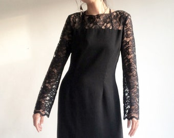 Size 6  Black Dress w Long Sheer Sleeves - Midi Length Formal - LBD