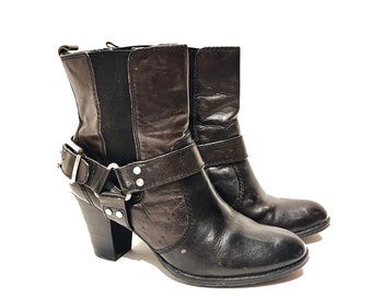 Size 7.5 Leather Buckle Ankle Boots Heeled BIKER Punk Rocker Chic ANKLE BOOTS