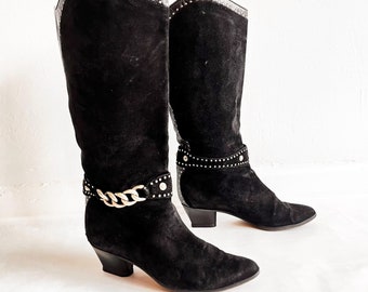 Vintage Studded Black Suede Boots, Size 6, Punk Rocker Style