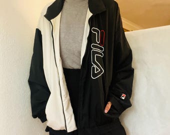 Giacca a vento unisex oversize FILA anni '90 bicolore bianca e nera con zip - Abbigliamento sportivo anni '90