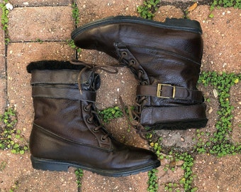 Botas de invierno vintage de cuero marrón con aislamiento tipo calcetín, talla 7
