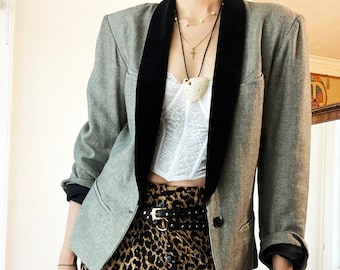 Vintage Gray and Velvet Collar Cropped BLAZER by Agnes B  - Size 2 - Cotton and Rayon mix