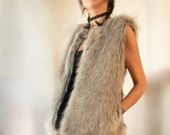 Y2K FUR VEST - Faux Fur Furry -  XSmall GRAY Vest -  Post Apocalyptic Style - Fur Top