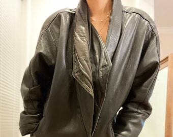 Vintage Black Leather Long BOMBER Jacket 80s OVERSIZED Slouchy Leather Coat