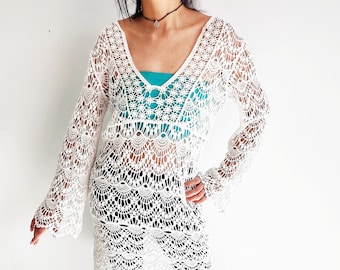 Vestido midi de verano transparente de crochet estilo bohemio en beige y blanco para festivales
