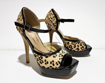 Größe 6,5 7 Vintage Kunstpelz LEOPARD Animal Print Plateau Heels - Vegan Open Toe - Mob Wife Style