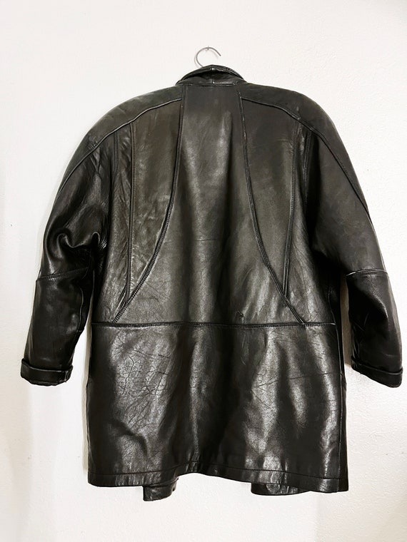 Vintage Black Leather Long BOMBER Jacket 80s OVER… - image 9