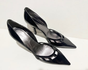 Size 7.5 Y2K Vintage Black PATENT Pointy Low Cut out Heels Shoes by NINE WEST